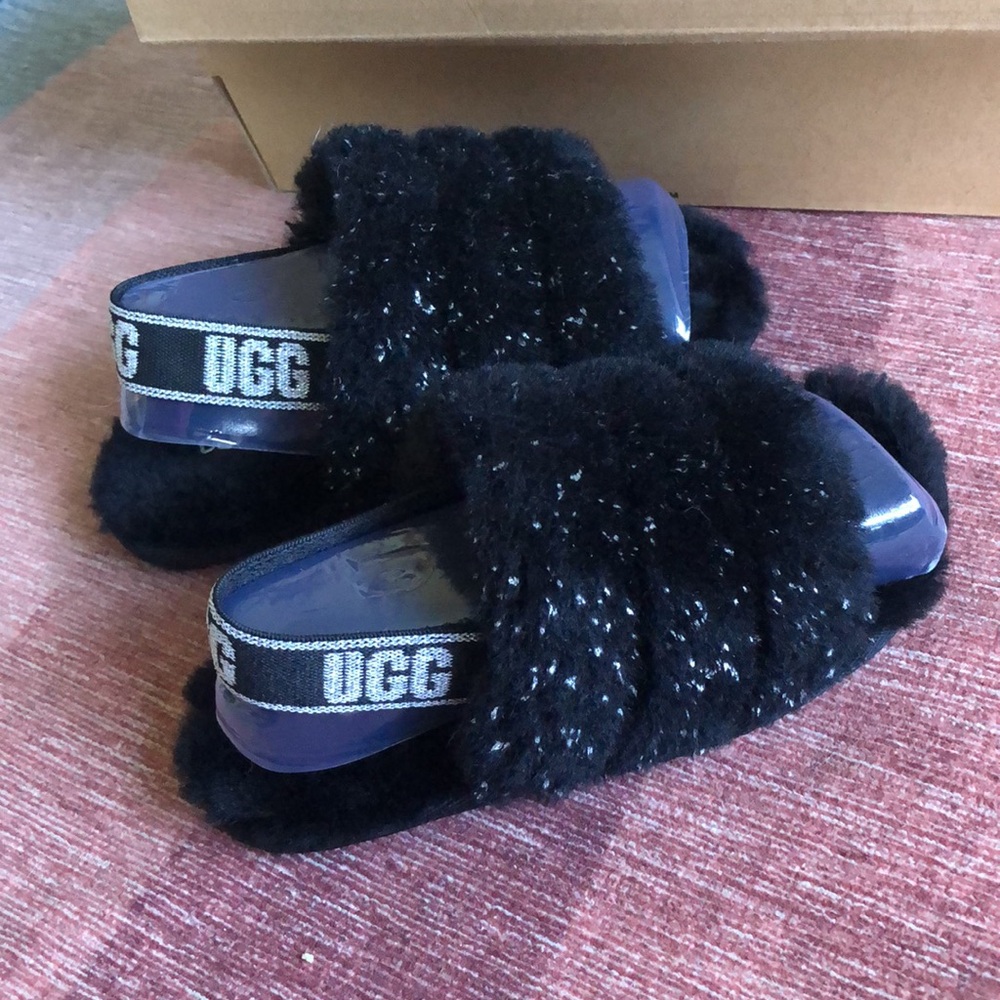 NEW UGG Fuzzy Black Sparkly Sandals 10